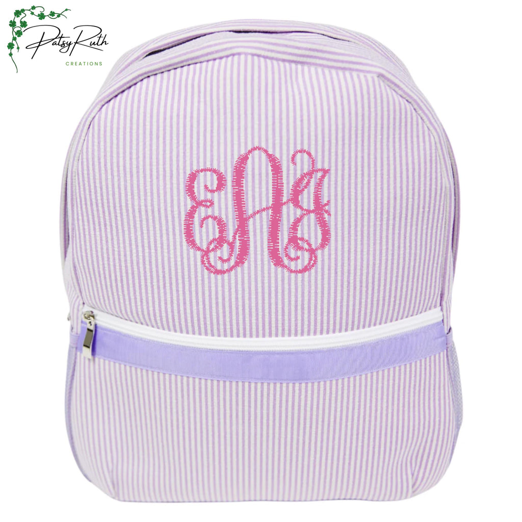 Personalized Seersucker Backpack | Fully Lined with Interior Pocket & Mesh Side Pockets