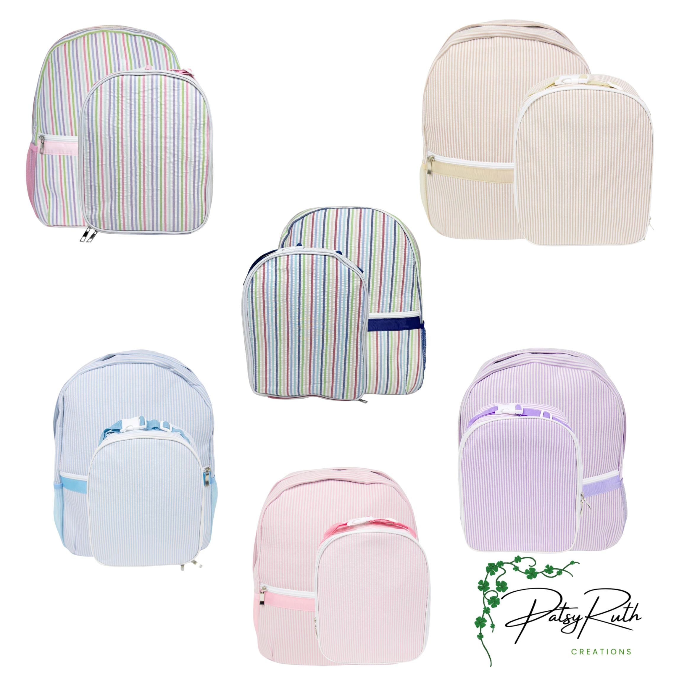 Personalized Seersucker Backpack | Fully Lined with Interior Pocket & Mesh Side Pockets