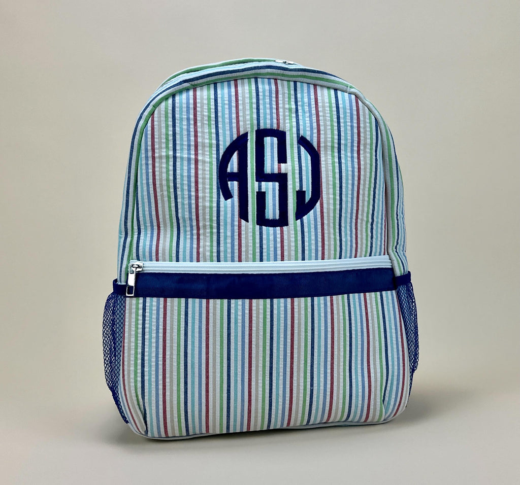 Personalized Seersucker Backpack | Fully Lined with Interior Pocket & Mesh Side Pockets
