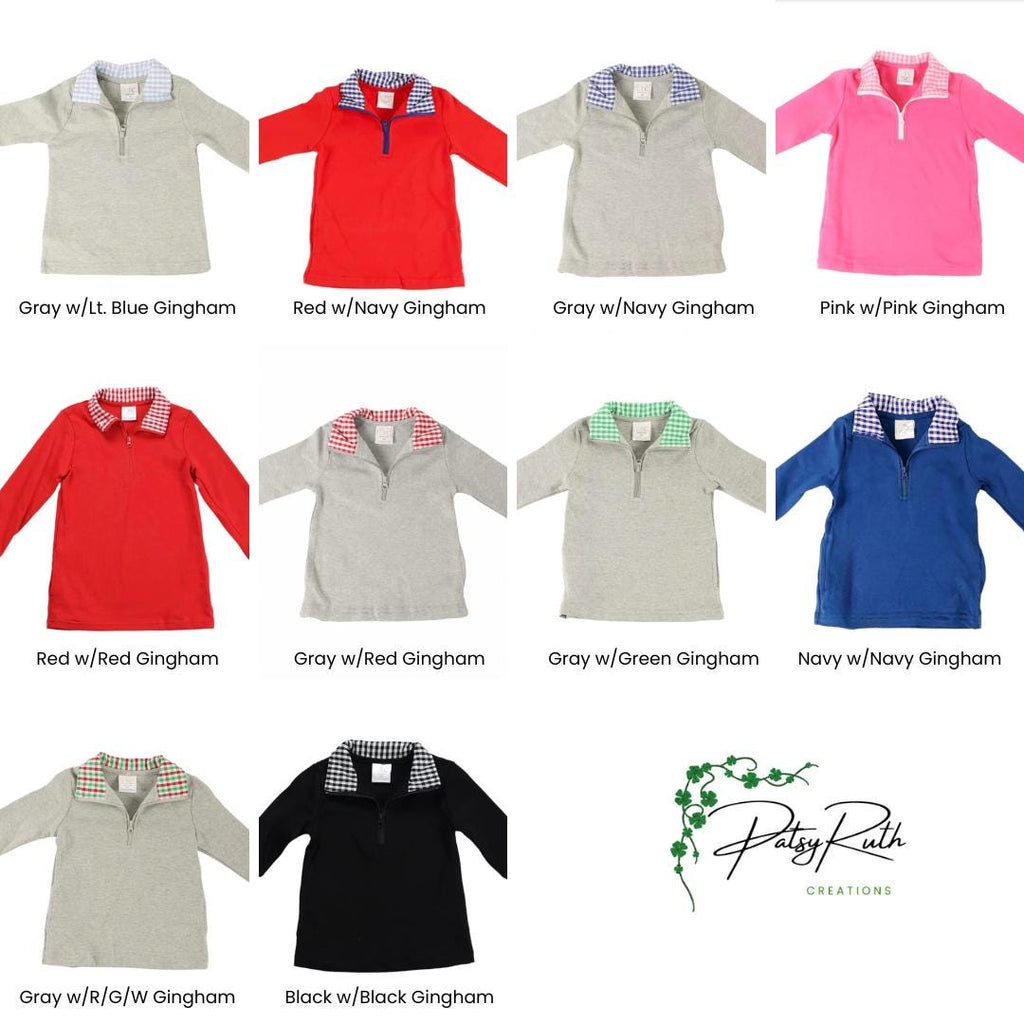 Customized Child Pullover with Monogram and Stylish Gingham Accented Collar