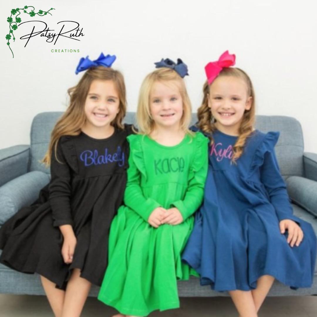 Customized Long Sleeve Girls' Twirl Dress - Monogrammed Ruffle Dress