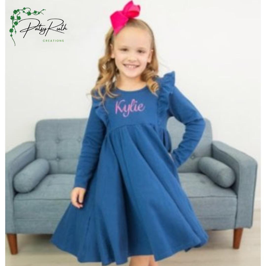 Customized Long Sleeve Girls' Twirl Dress - Monogrammed Ruffle Dress