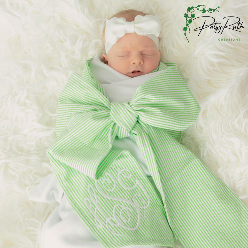 Monogrammed | Personalized Baby Swaddle with Seersucker Bow - Custom Newborn Blanket