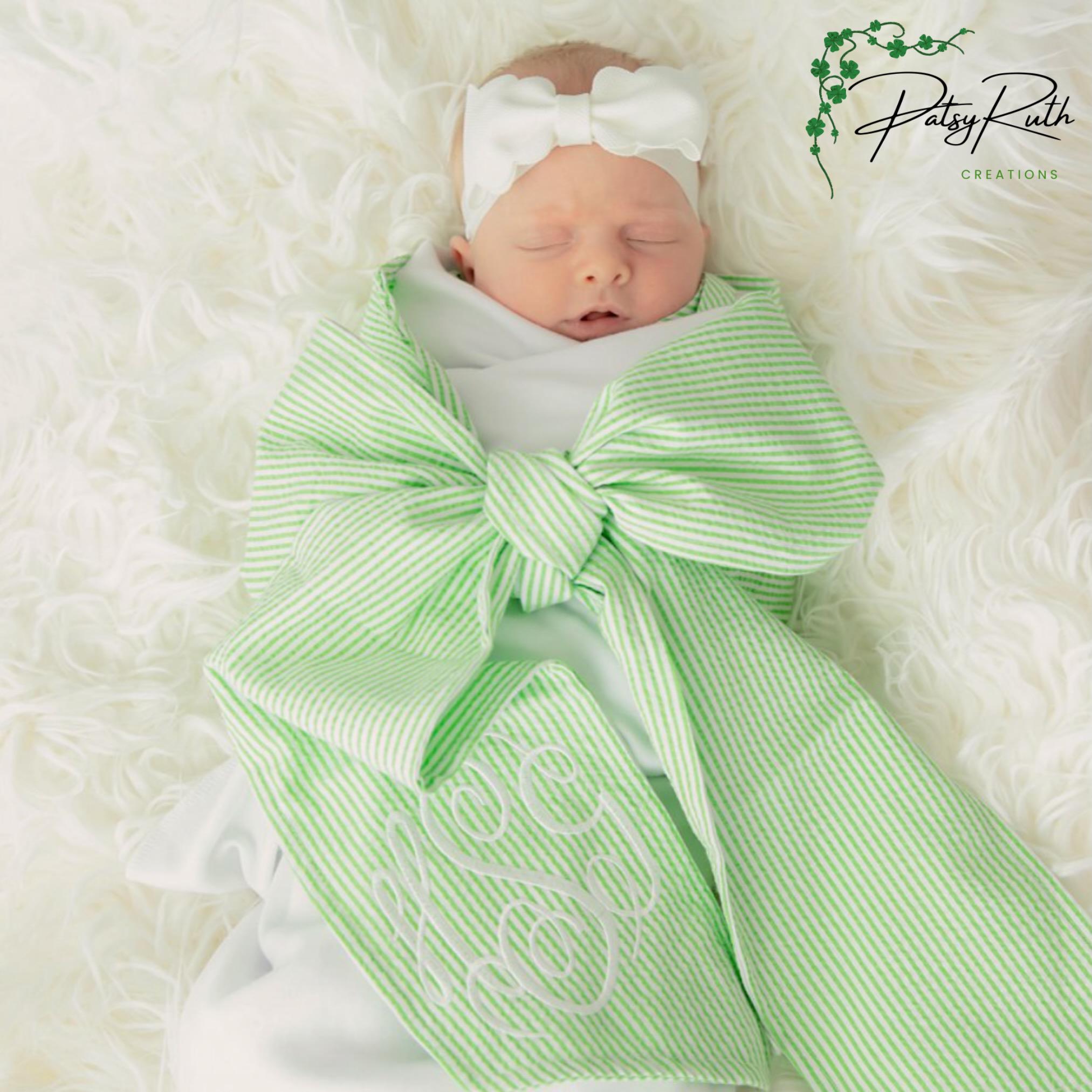 Monogrammed | Personalized Baby Swaddle with Seersucker Bow - Custom Newborn Blanket