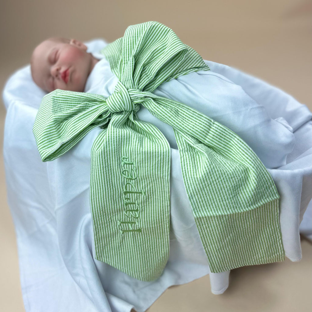 Monogrammed | Personalized Baby Swaddle with Seersucker Bow - Custom Newborn Blanket