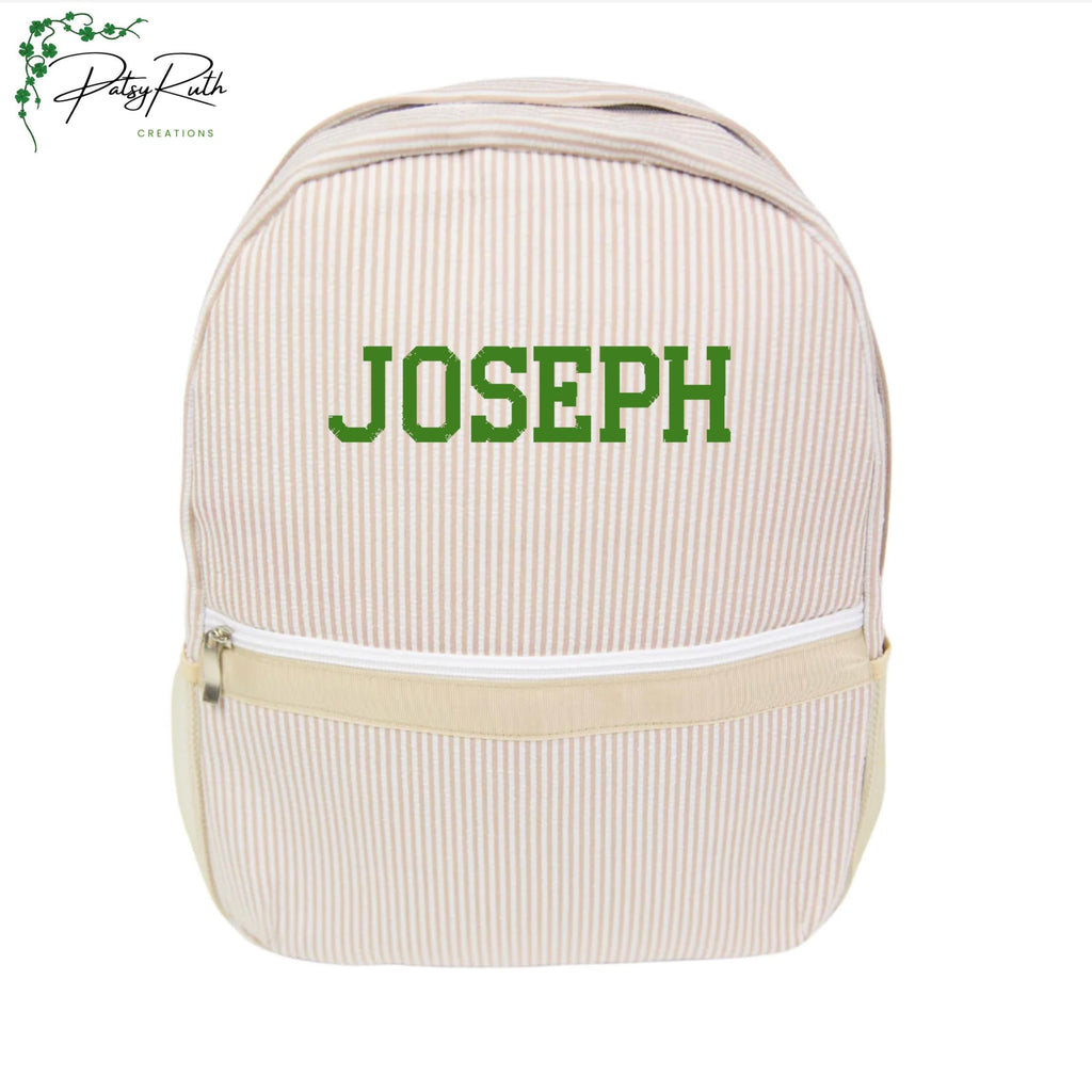 Personalized Seersucker Backpack | Fully Lined with Interior Pocket & Mesh Side Pockets