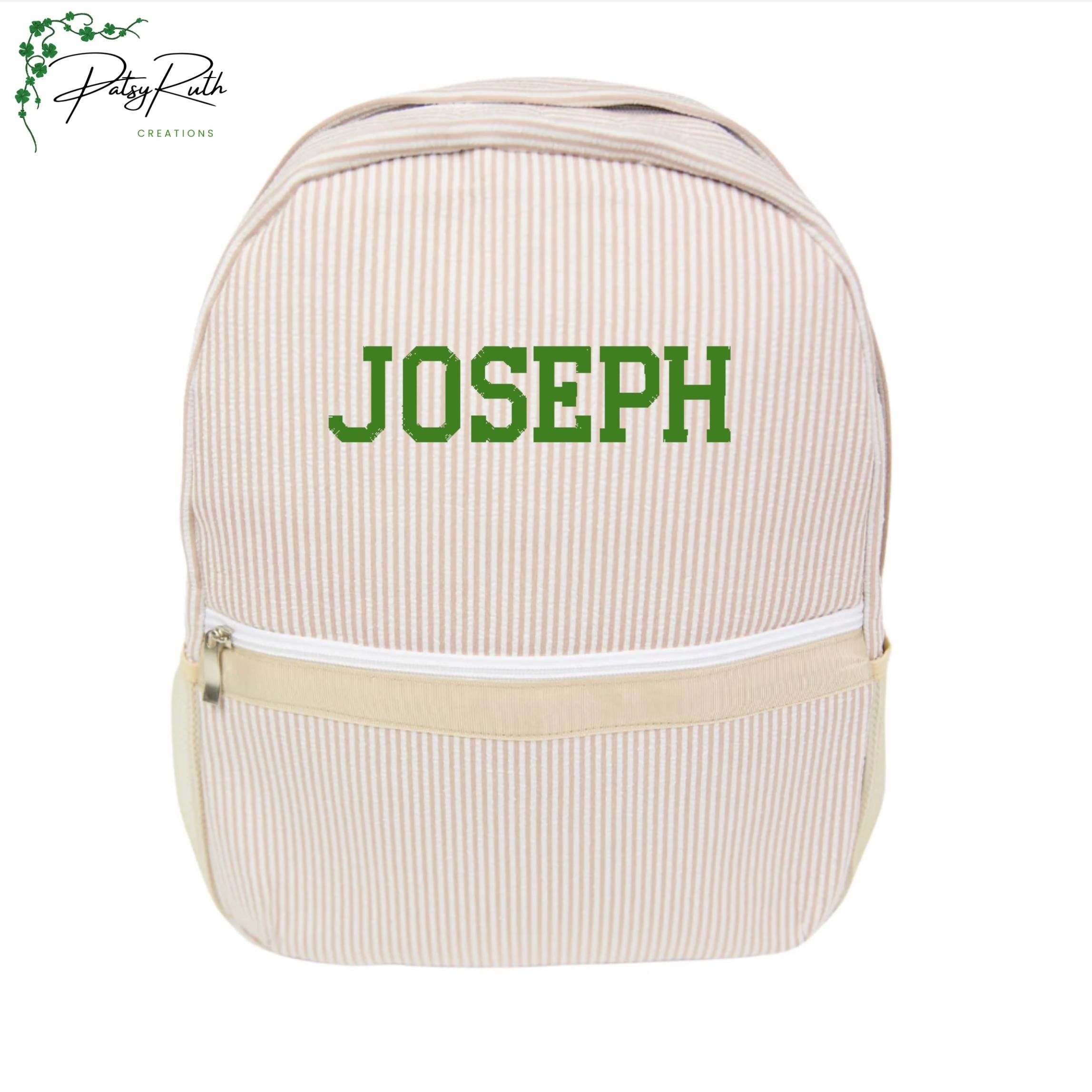 Personalized Seersucker Backpack | Fully Lined with Interior Pocket & Mesh Side Pockets