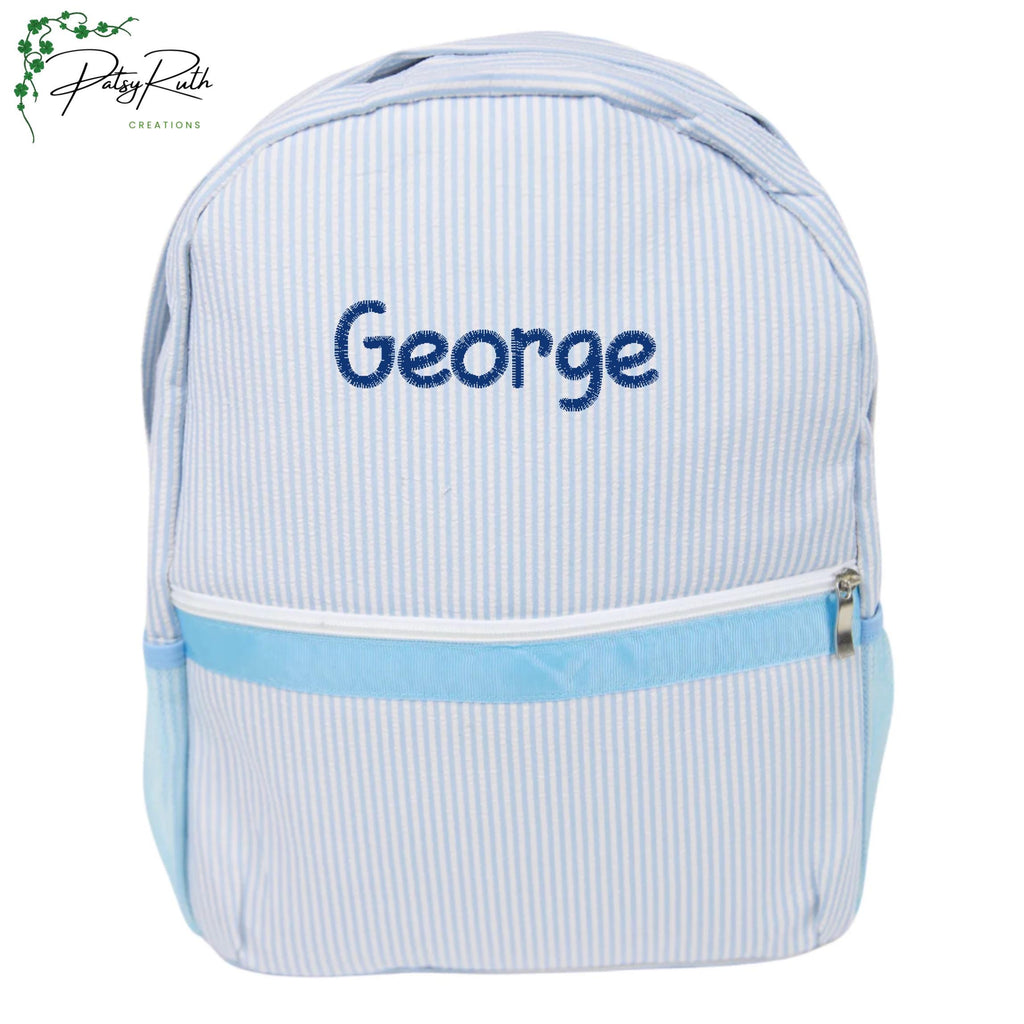 Personalized Seersucker Backpack | Fully Lined with Interior Pocket & Mesh Side Pockets