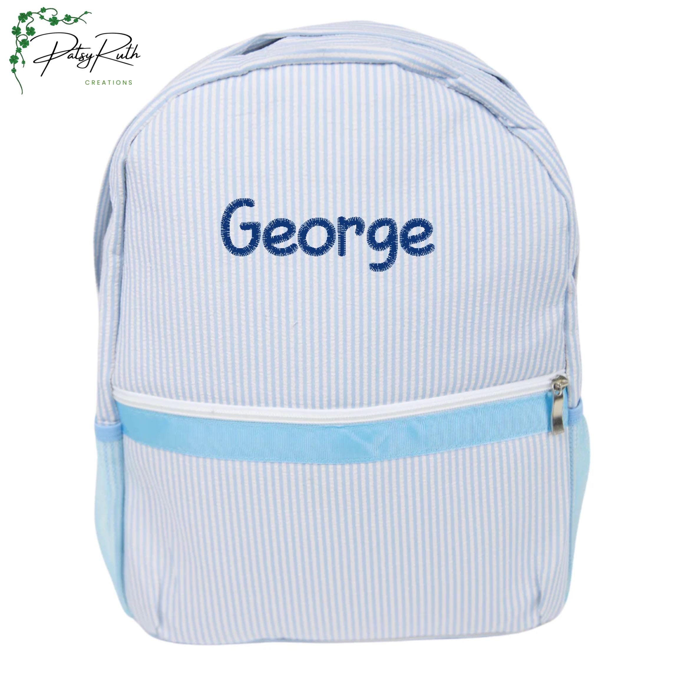 Personalized Seersucker Backpack | Fully Lined with Interior Pocket & Mesh Side Pockets