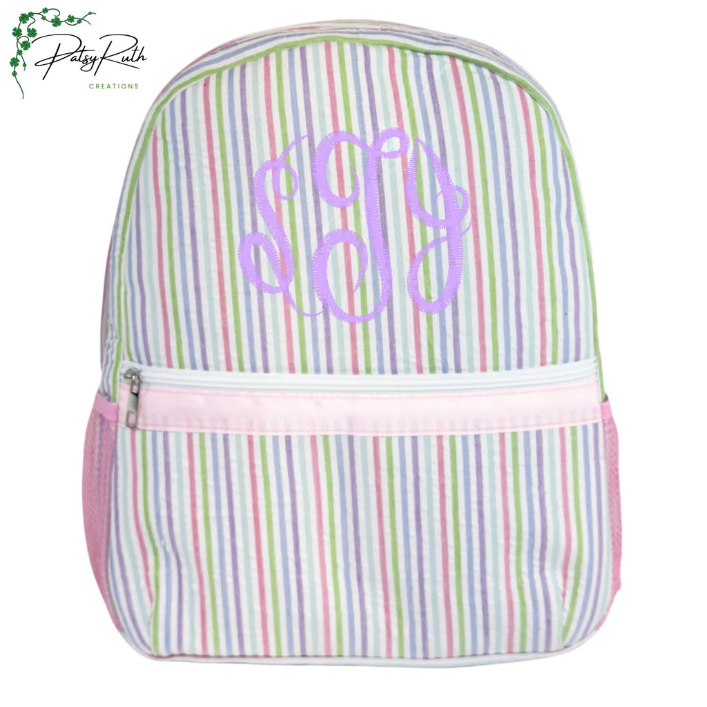 Personalized Seersucker Backpack | Fully Lined with Interior Pocket & Mesh Side Pockets