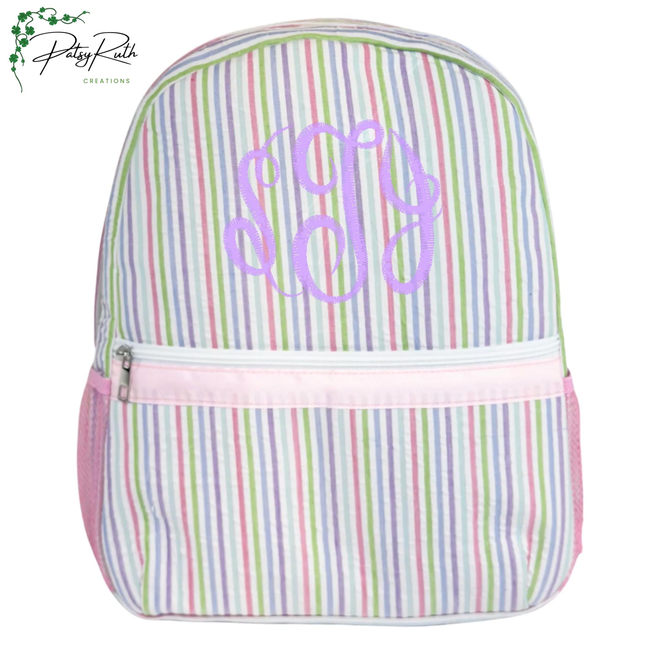 Personalized Seersucker Backpack | Fully Lined with Interior Pocket & Mesh Side Pockets