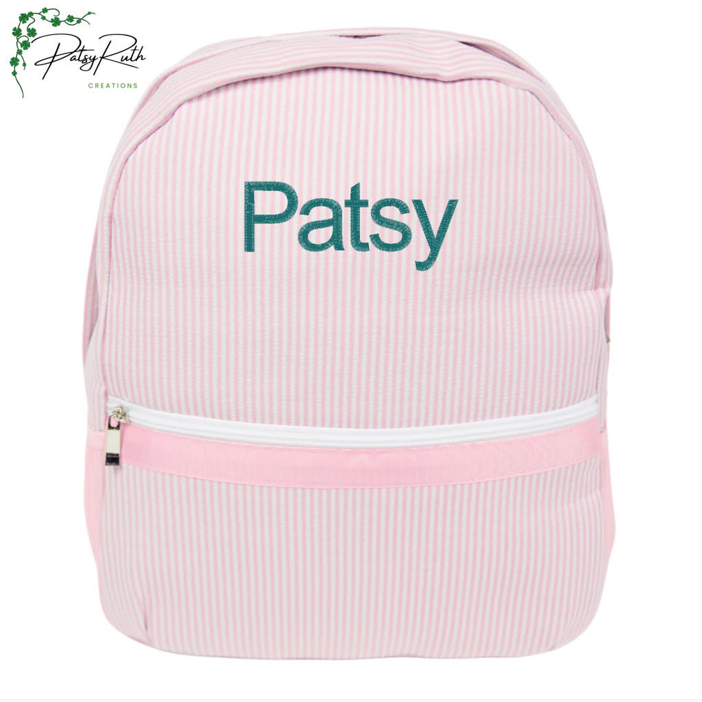 Personalized Seersucker Backpack | Fully Lined with Interior Pocket & Mesh Side Pockets