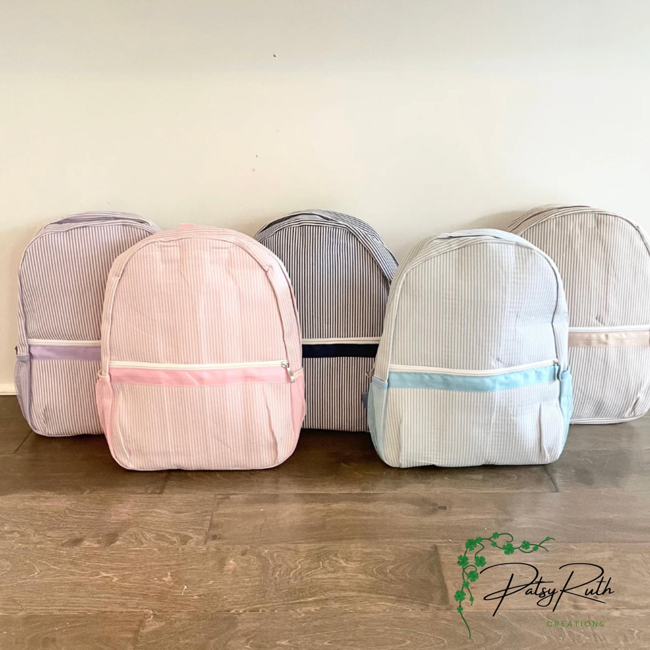 Personalized Seersucker Backpack | Fully Lined with Interior Pocket & Mesh Side Pockets