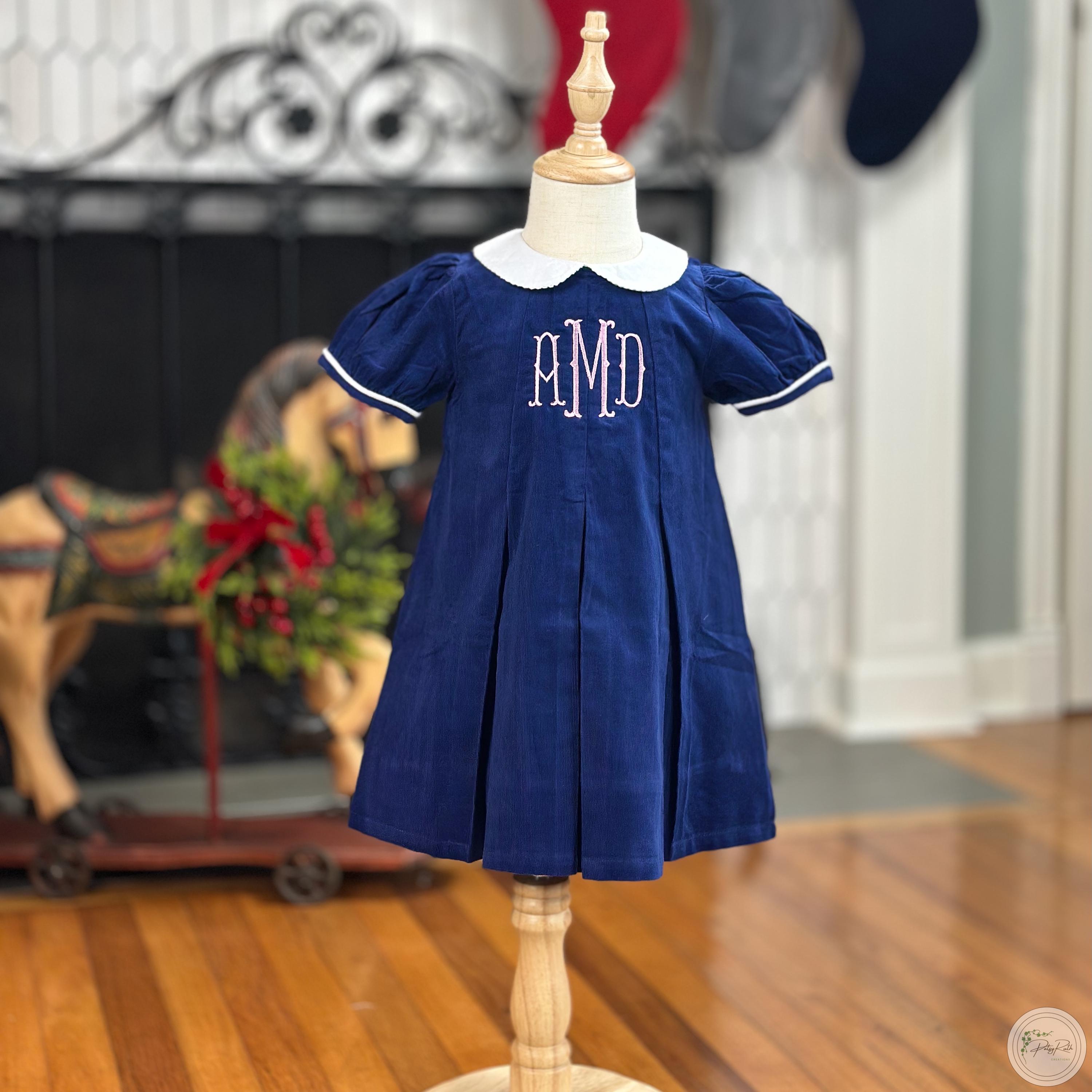 Personalized Peter Pan Collar Dress Girls, Classic Holiday Style (Cotton Corduroy, Fully Lined)