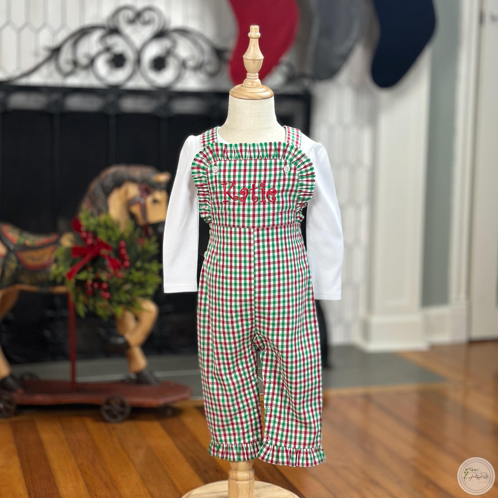 Soft Cotton Longalls Personalized Little Girl Ruffle Longalls: Holiday Style, Gingham & Corduroy