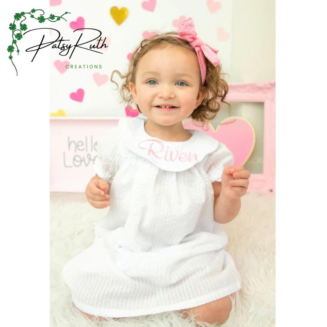 Toddler Girl Short Sleeve Bishop's Dress with Personalized Monogram