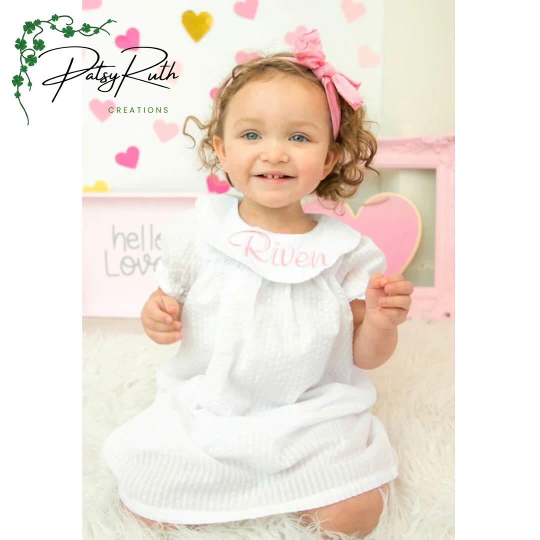 Baby Girl Short Sleeve Bishop's Dress with Personalized Monogram
