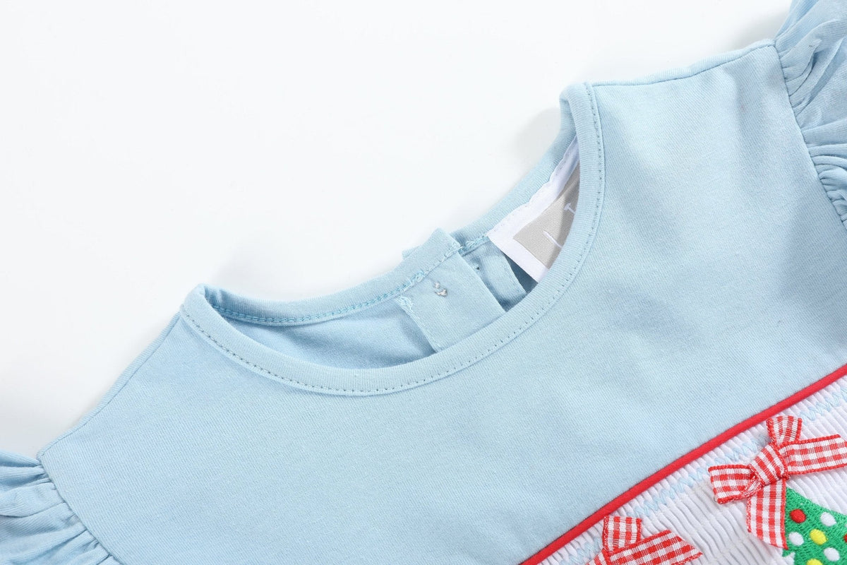Light Blue Christmas Tree Smocked Knit Dress