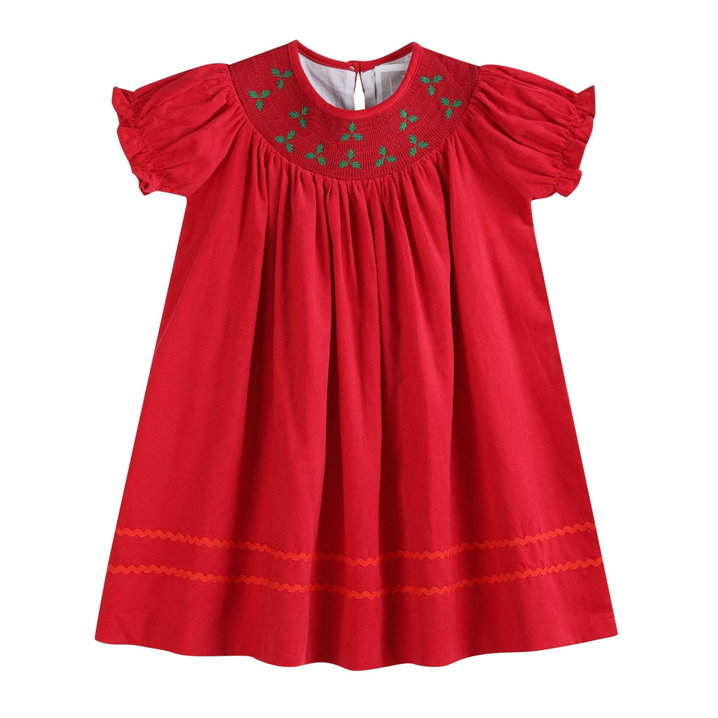 Red Corduroy Mistletoe Smocked Bishop Dress