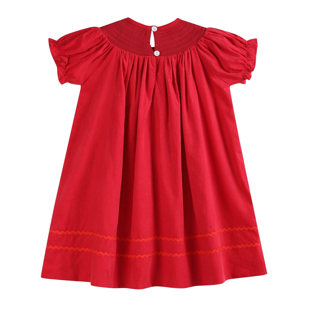 Red Corduroy Mistletoe Smocked Bishop Dress