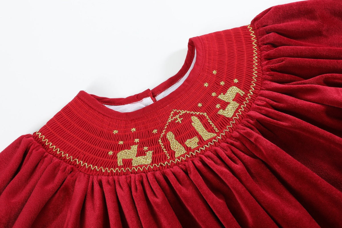 Red Velvet Nativity Smocked Dress